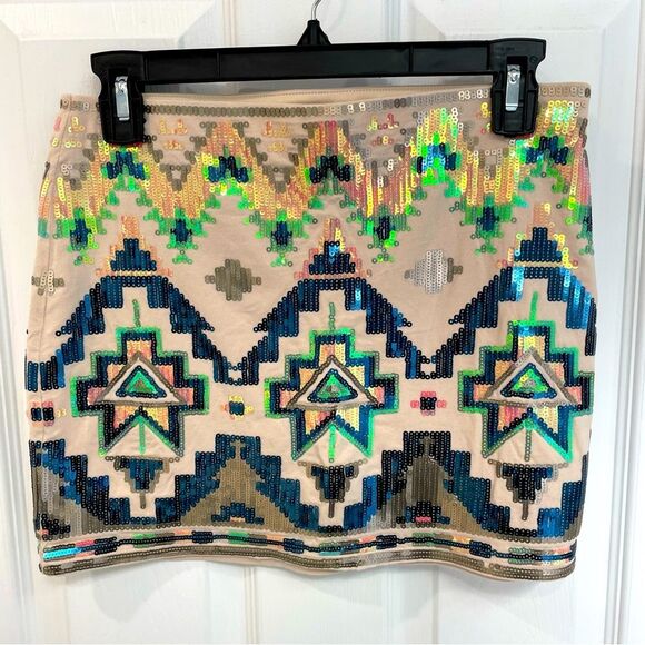 Express Aztec Western Sequin Peach Multicolor Lined Mini Skirt Women’s Size XS - Picture 1 of 6